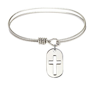 6 1/4 inch Oval Eye Hook Rhodium Bangle Bracelet with a Sterling Silver Cross Dog Tag charm.