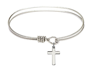 6 1/4 inch Oval Eye Hook Rhodium Bangle Bracelet with a Sterling Silver Cross charm.