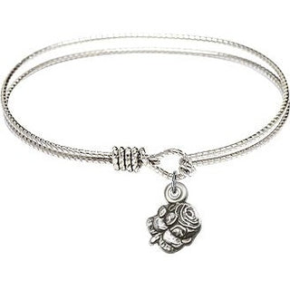 6 1/4 inch Oval Eye Hook Rhodium Bangle Bracelet with a Sterling Silver Rosebud charm.