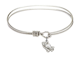 6 1/4 inch Oval Eye Hook Rhodium Bangle Bracelet with a Sterling Silver Praying Hands charm.