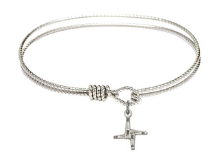 6 1/4 inch Oval Eye Hook Rhodium Bangle Bracelet with a Sterling Silver Saint Brigid Cross charm.