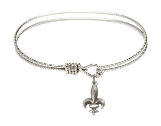 6 1/4 inch Oval Eye Hook Rhodium Bangle Bracelet with a Sterling Silver Fleur de Lis charm.