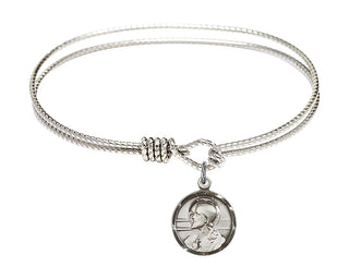 6 1/4 inch Oval Eye Hook Rhodium Bangle Bracelet with a Sterling Silver Scapular charm. Engraved Catholic Saint Jewelry
