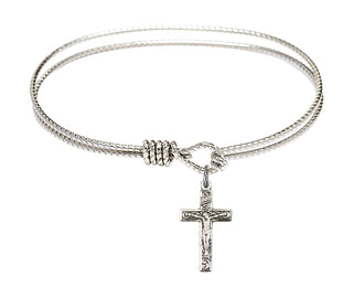 6 1/4 inch Oval Eye Hook Rhodium Bangle Bracelet with a Sterling Silver Crucifix charm.