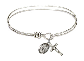 6 1/4 inch Oval Eye Hook Rhodium Bangle Bracelet with a Sterling Silver Crucifix charm.