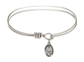 6 1/4 inch Oval Eye Hook Rhodium Bangle Bracelet with a Sterling Silver Miraculous charm.