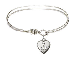 6 1/4 inch Oval Eye Hook Rhodium Bangle Bracelet with a Sterling Silver Heart / Confirmation charm.