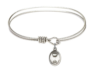6 1/4 inch Oval Eye Hook Rhodium Bangle Bracelet with a Sterling Silver Holy Communion charm.