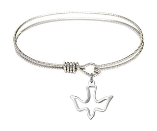 6 1/4 inch Oval Eye Hook Rhodium Bangle Bracelet with a Sterling Silver Holy Spirit charm.