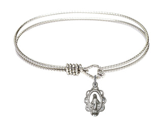 6 1/4 inch Oval Eye Hook Rhodium Bangle Bracelet with a Sterling Silver Miraculous charm.