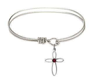6 1/4 inch Oval Eye Hook Rhodium Bangle Bracelet with a Sterling Silver Loop Cross charm.