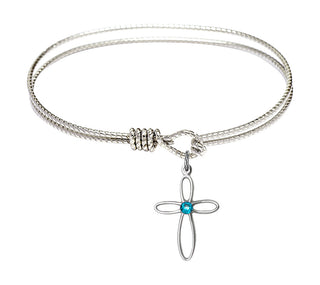 6 1/4 inch Oval Eye Hook Rhodium Bangle Bracelet with a Sterling Silver Loop Cross charm.