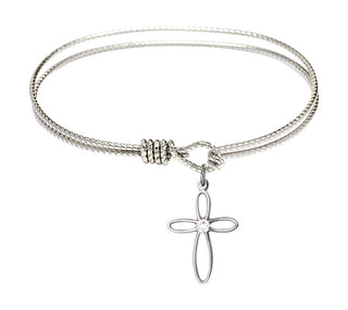 6 1/4 inch Oval Eye Hook Rhodium Bangle Bracelet with a Sterling Silver Loop Cross charm.