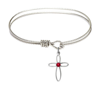 6 1/4 inch Oval Eye Hook Rhodium Bangle Bracelet with a Sterling Silver Loop Cross charm.