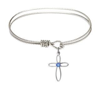 6 1/4 inch Oval Eye Hook Rhodium Bangle Bracelet with a Sterling Silver Loop Cross charm.
