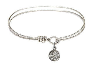 6 1/4 inch Oval Eye Hook Rhodium Bangle Bracelet with a Sterling Silver Guardian Angel charm.