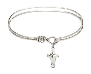 6 1/4 inch Oval Eye Hook Rhodium Bangle Bracelet with a Sterling Silver Cross charm.