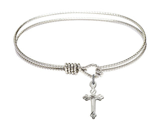 6 1/4 inch Oval Eye Hook Rhodium Bangle Bracelet with a Sterling Silver Cross charm.