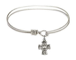 6 1/4 inch Oval Eye Hook Rhodium Bangle Bracelet with a Sterling Silver 5-Way charm.