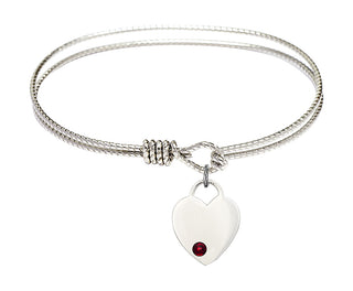 6 1/4 inch Oval Eye Hook Rhodium Bangle Bracelet with a Sterling Silver Heart charm. Engraved Catholic Saint Jewelry