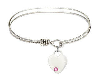 6 1/4 inch Oval Eye Hook Rhodium Bangle Bracelet with a Sterling Silver Heart charm. Engraved Catholic Saint Jewelry