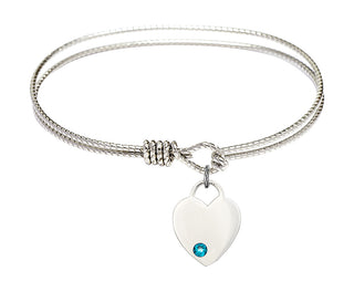 6 1/4 inch Oval Eye Hook Rhodium Bangle Bracelet with a Sterling Silver Heart charm. Engraved Catholic Saint Jewelry
