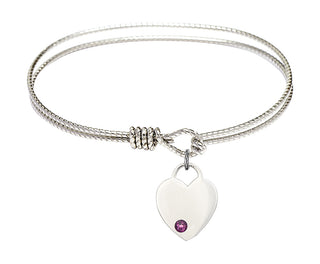 6 1/4 inch Oval Eye Hook Rhodium Bangle Bracelet with a Sterling Silver Heart charm. Engraved Catholic Saint Jewelry