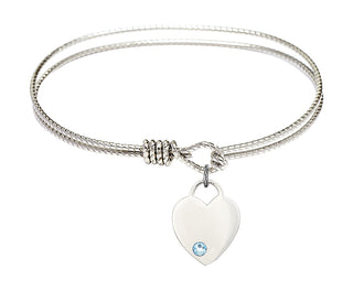 6 1/4 inch Oval Eye Hook Rhodium Bangle Bracelet with a Sterling Silver Heart charm. Engraved Catholic Saint Jewelry