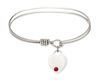 6 1/4 inch Oval Eye Hook Rhodium Bangle Bracelet with a Sterling Silver Heart charm. Engraved Catholic Saint Jewelry