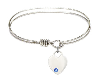 6 1/4 inch Oval Eye Hook Rhodium Bangle Bracelet with a Sterling Silver Heart charm. Engraved Catholic Saint Jewelry