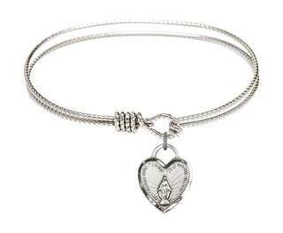 6 1/4 inch Oval Eye Hook Rhodium Bangle Bracelet with a Sterling Silver Miraculous Heart charm. Engraved Catholic Saint Jewelry