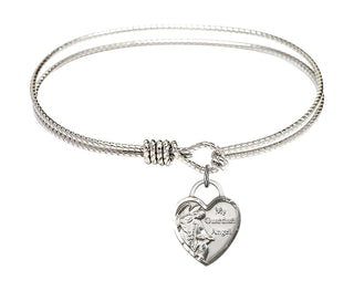 6 1/4 inch Oval Eye Hook Rhodium Bangle Bracelet with a Sterling Silver Guardian Angel Heart charm. Engraved Catholic Saint Jewelry