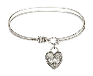 6 1/4 inch Oval Eye Hook Rhodium Bangle Bracelet with a Sterling Silver Confirmation Heart charm. Engraved Catholic Saint Jewelry