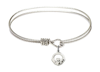 6 1/4 inch Oval Eye Hook Rhodium Bangle Bracelet with a Sterling Silver Claddagh charm.