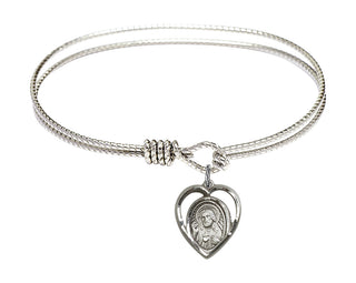 6 1/4 inch Oval Eye Hook Rhodium Bangle Bracelet with a Sterling Silver Scapular charm.