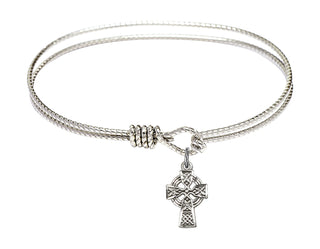 6 1/4 inch Oval Eye Hook Rhodium Bangle Bracelet with a Sterling Silver Celtic Cross charm.