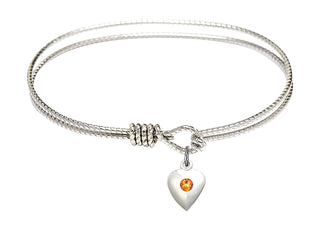 6 1/4 inch Oval Eye Hook Rhodium Bangle Bracelet with a Sterling Silver Heart charm.