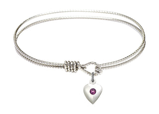 6 1/4 inch Oval Eye Hook Rhodium Bangle Bracelet with a Sterling Silver Heart charm.
