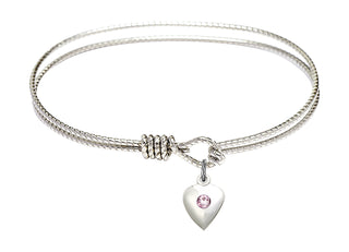 6 1/4 inch Oval Eye Hook Rhodium Bangle Bracelet with a Sterling Silver Heart charm.