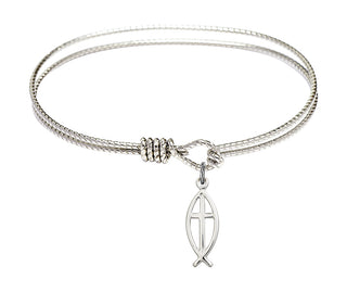 6 1/4 inch Oval Eye Hook Rhodium Bangle Bracelet with a Sterling Silver Fish / Cross charm.