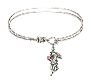 6 1/4 inch Oval Eye Hook Rhodium Bangle Bracelet with a Sterling Silver Guardian Angel charm.