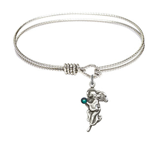 6 1/4 inch Oval Eye Hook Rhodium Bangle Bracelet with a Sterling Silver Guardian Angel charm.
