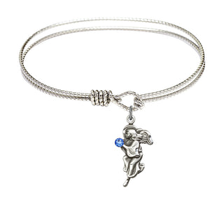 6 1/4 inch Oval Eye Hook Rhodium Bangle Bracelet with a Sterling Silver Guardian Angel charm.