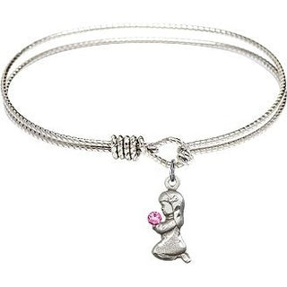 6 1/4 inch Oval Eye Hook Rhodium Bangle Bracelet with a Sterling Silver Praying Girl charm.