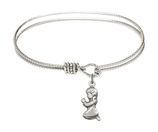 6 1/4 inch Oval Eye Hook Rhodium Bangle Bracelet with a Sterling Silver Praying Girl charm.