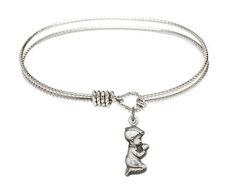 6 1/4 inch Oval Eye Hook Rhodium Bangle Bracelet with a Sterling Silver Praying Boy charm.
