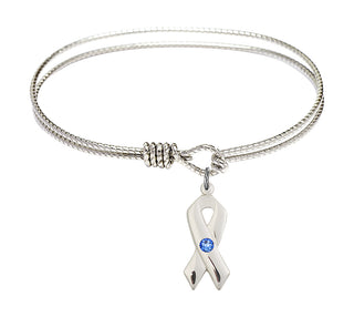 6 1/4 inch Oval Eye Hook Rhodium Bangle Bracelet with a Sterling Silver Cancer Awareness charm.