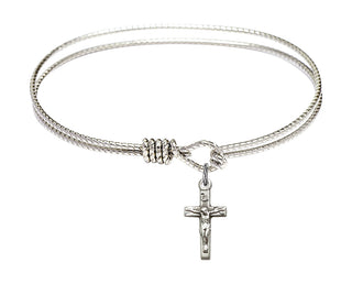 6 1/4 inch Oval Eye Hook Rhodium Bangle Bracelet with a Sterling Silver Crucifix charm.