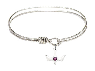 6 1/4 inch Oval Eye Hook Rhodium Bangle Bracelet with a Sterling Silver Holy Spirit charm.