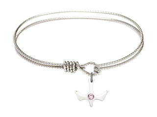 6 1/4 inch Oval Eye Hook Rhodium Bangle Bracelet with a Sterling Silver Holy Spirit charm.